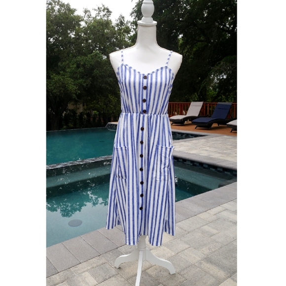 Dresses & Skirts - Striped Blue & White Midi Sundress with Buttons
